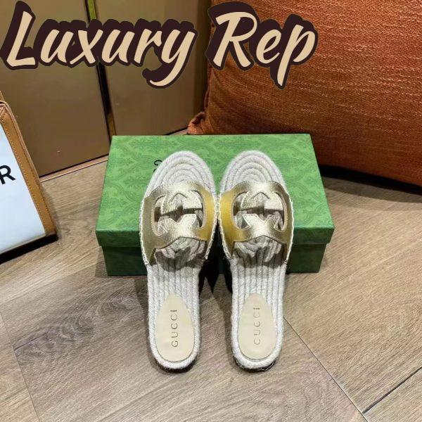 Replica Gucci Unisex Interlocking G Cut-Out Slide Sandals Metallic Gold Leather Flat 2 cm Heel 4