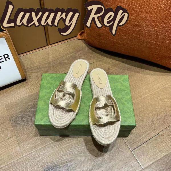 Replica Gucci Unisex Interlocking G Cut-Out Slide Sandals Metallic Gold Leather Flat 2 cm Heel 5