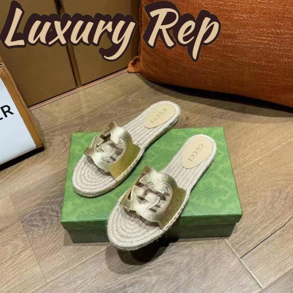 Replica Gucci Unisex Interlocking G Cut-Out Slide Sandals Metallic Gold Leather Flat 2 cm Heel 6