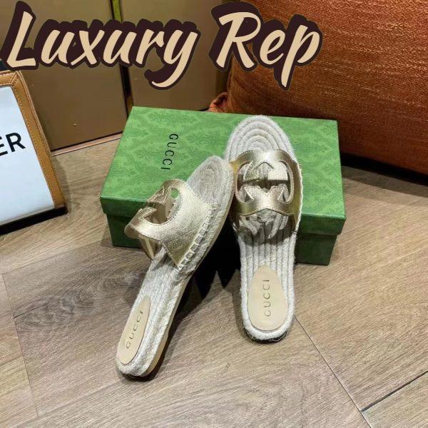 Replica Gucci Unisex Interlocking G Cut-Out Slide Sandals Metallic Gold Leather Flat 2 cm Heel 7