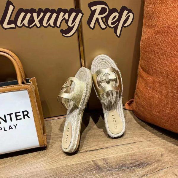 Replica Gucci Unisex Interlocking G Cut-Out Slide Sandals Metallic Gold Leather Flat 2 cm Heel 8