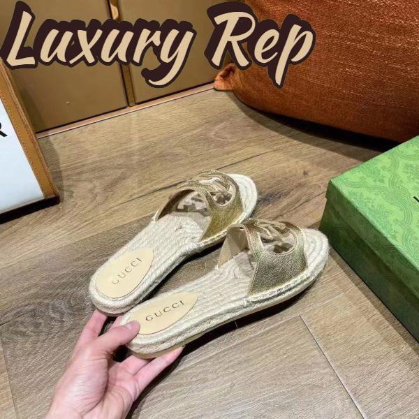 Replica Gucci Unisex Interlocking G Cut-Out Slide Sandals Metallic Gold Leather Flat 2 cm Heel 9