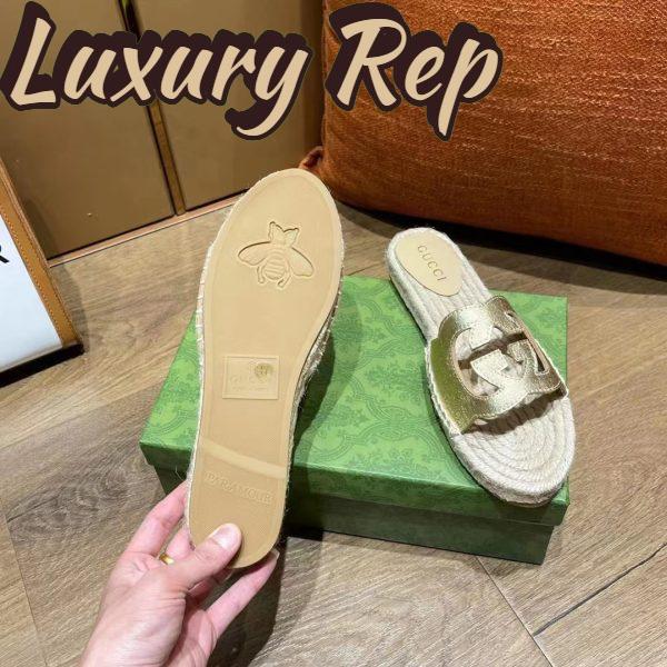 Replica Gucci Unisex Interlocking G Cut-Out Slide Sandals Metallic Gold Leather Flat 2 cm Heel 10