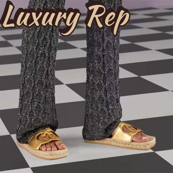 Replica Gucci Unisex Interlocking G Cut-Out Slide Sandals Metallic Gold Leather Flat 2 cm Heel 11