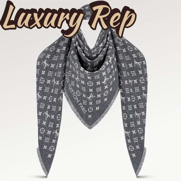 Replica Louis Vuitton LV Unisex Monogram Jacquard Denim Shawl Gray Cotton Wool Silk