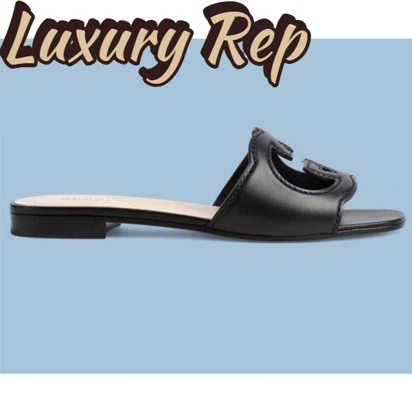 Replica Gucci Unisex Interlocking G Slide Sandals Black Leather Cut-Out Flat