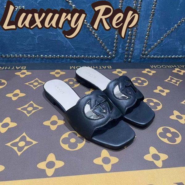 Replica Gucci Unisex Interlocking G Slide Sandals Black Leather Cut-Out Flat 3