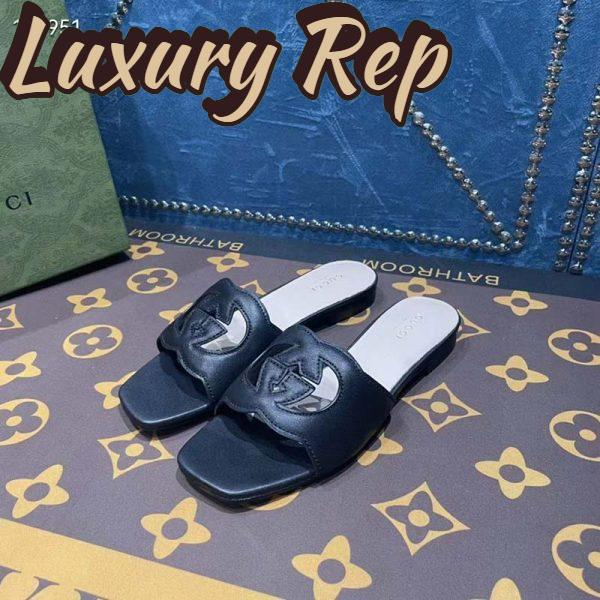 Replica Gucci Unisex Interlocking G Slide Sandals Black Leather Cut-Out Flat 5