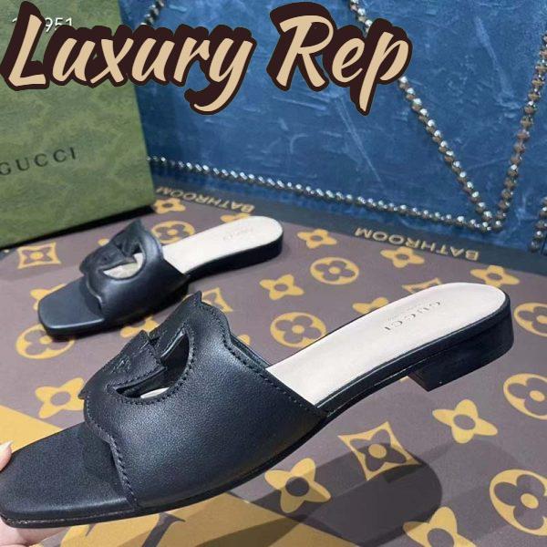 Replica Gucci Unisex Interlocking G Slide Sandals Black Leather Cut-Out Flat 6
