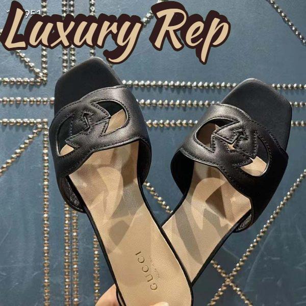 Replica Gucci Unisex Interlocking G Slide Sandals Black Leather Cut-Out Flat 7