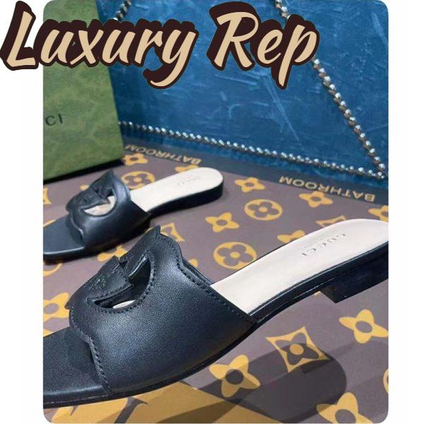 Replica Gucci Unisex Interlocking G Slide Sandals Black Leather Cut-Out Flat 8