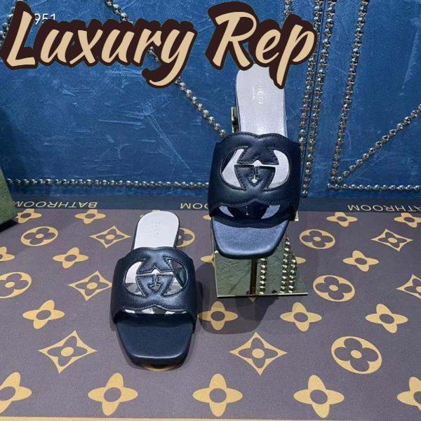 Replica Gucci Unisex Interlocking G Slide Sandals Black Leather Cut-Out Flat 9