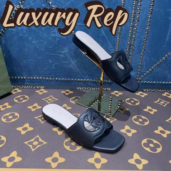 Replica Gucci Unisex Interlocking G Slide Sandals Black Leather Cut-Out Flat 10