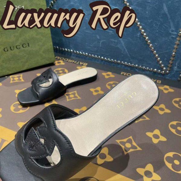 Replica Gucci Unisex Interlocking G Slide Sandals Black Leather Cut-Out Flat 11