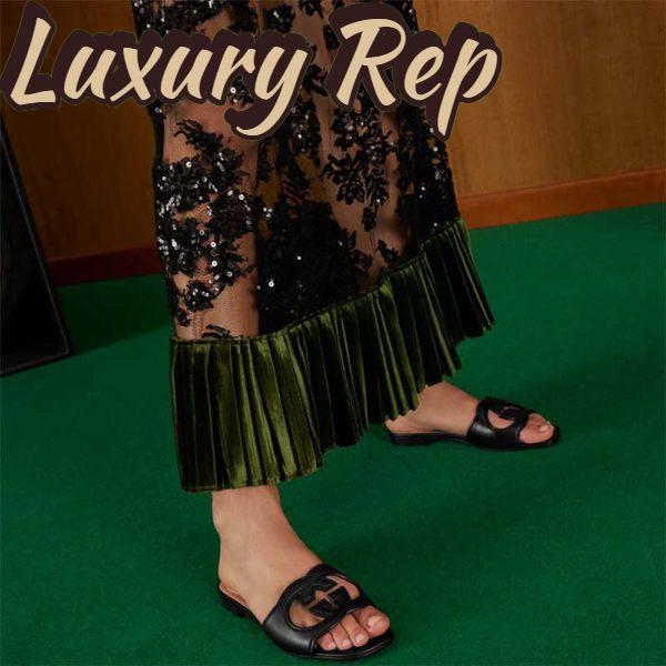 Replica Gucci Unisex Interlocking G Slide Sandals Black Leather Cut-Out Flat 13