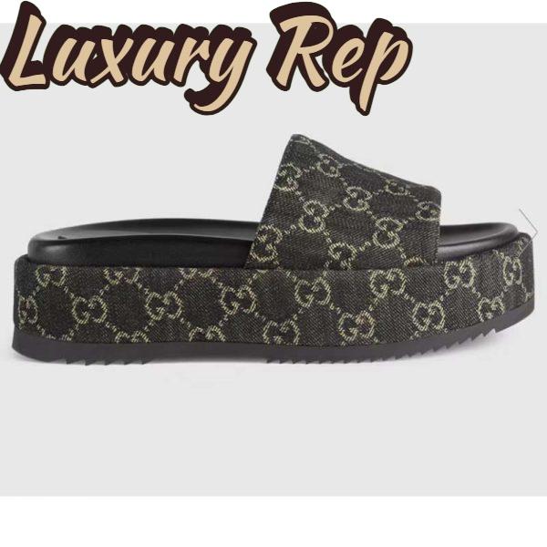 Replica Gucci Unisex Platform Slide Sandal Black Ivory GG Denim Mid 5.6 cm Heel