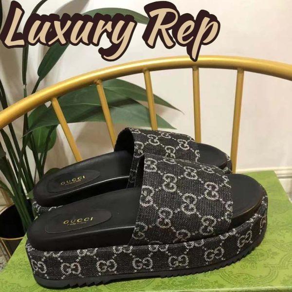 Replica Gucci Unisex Platform Slide Sandal Black Ivory GG Denim Mid 5.6 cm Heel 3