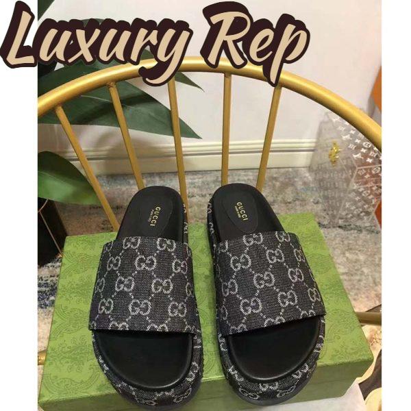 Replica Gucci Unisex Platform Slide Sandal Black Ivory GG Denim Mid 5.6 cm Heel 5