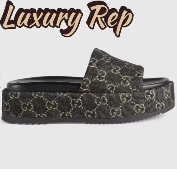Replica Gucci Unisex Platform Slide Sandal Black Ivory GG Denim Mid 6 Cm Heel 2