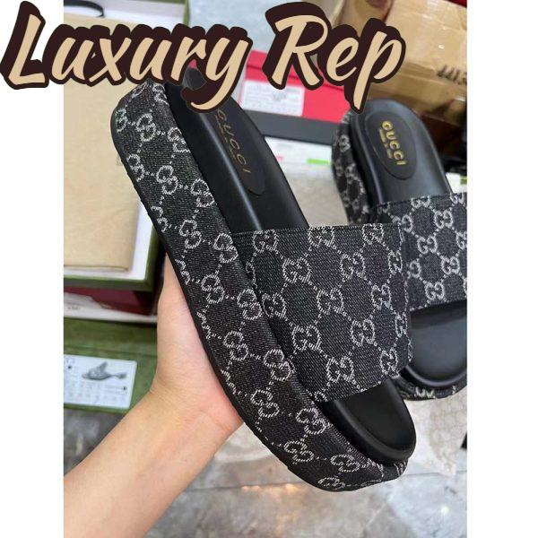 Replica Gucci Unisex Platform Slide Sandal Black Ivory GG Denim Mid 6 Cm Heel 6