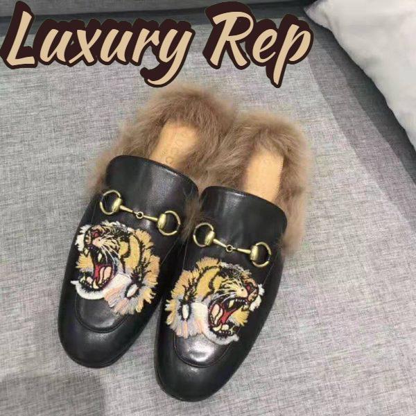 Replica Gucci Unisex Princetown Slipper with Tiger in Lamb Wool-Black 3