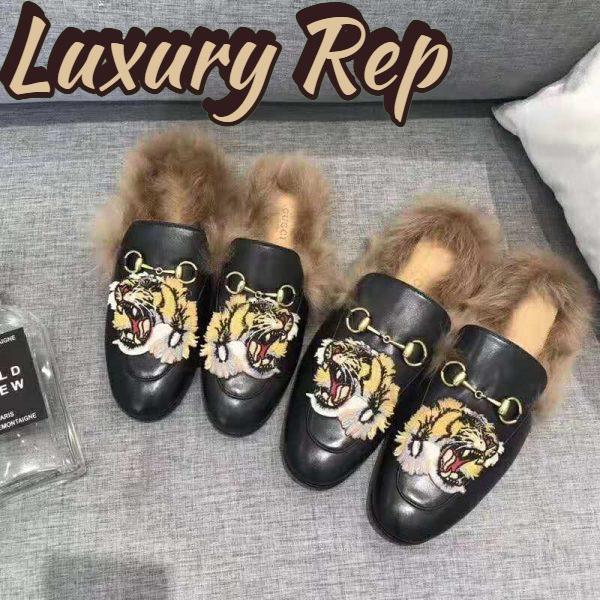 Replica Gucci Unisex Princetown Slipper with Tiger in Lamb Wool-Black 5