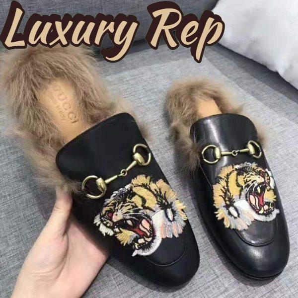 Replica Gucci Unisex Princetown Slipper with Tiger in Lamb Wool-Black 6