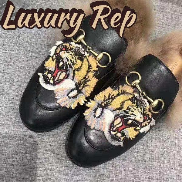 Replica Gucci Unisex Princetown Slipper with Tiger in Lamb Wool-Black 8