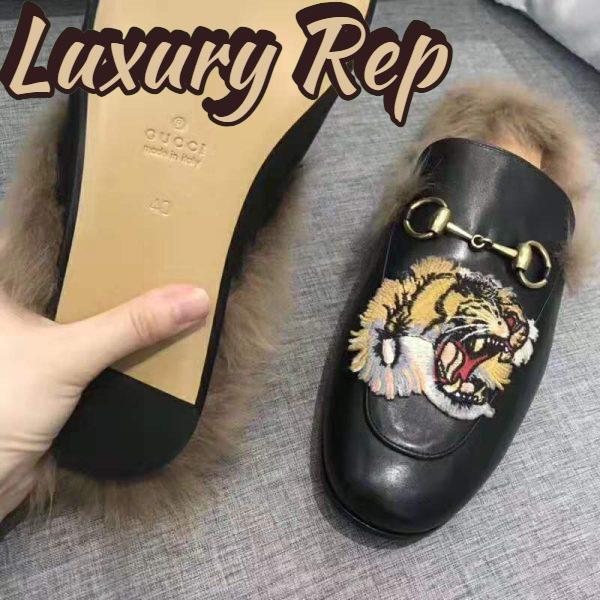 Replica Gucci Unisex Princetown Slipper with Tiger in Lamb Wool-Black 10