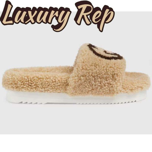 Replica Gucci Unisex Slide Sandal Interlocking G Light Brown Merino Wool Flat