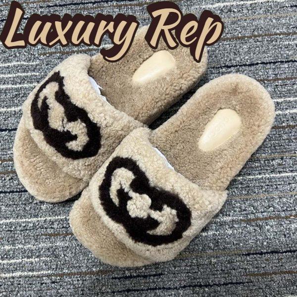 Replica Gucci Unisex Slide Sandal Interlocking G Light Brown Merino Wool Flat 3