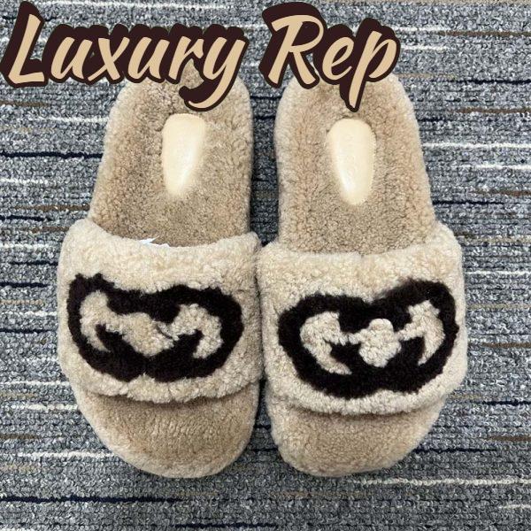 Replica Gucci Unisex Slide Sandal Interlocking G Light Brown Merino Wool Flat 4