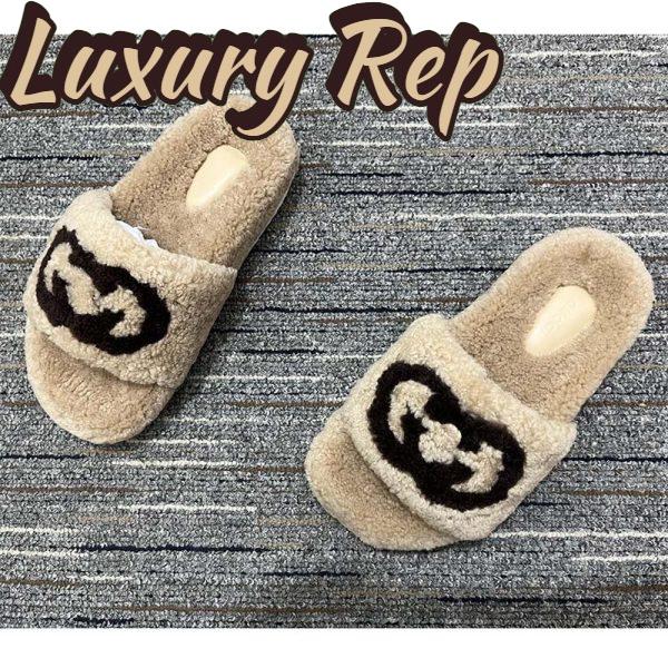 Replica Gucci Unisex Slide Sandal Interlocking G Light Brown Merino Wool Flat 5