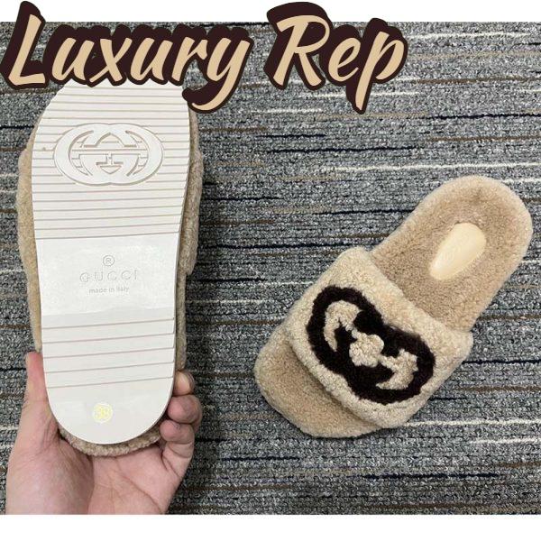 Replica Gucci Unisex Slide Sandal Interlocking G Light Brown Merino Wool Flat 7