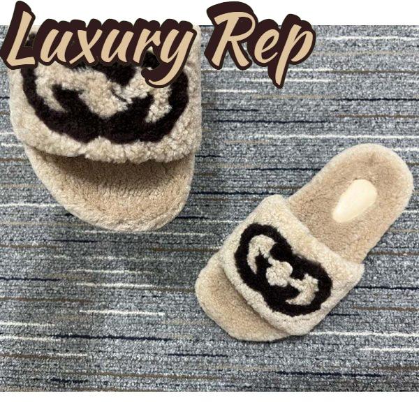 Replica Gucci Unisex Slide Sandal Interlocking G Light Brown Merino Wool Flat 8