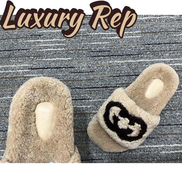 Replica Gucci Unisex Slide Sandal Interlocking G Light Brown Merino Wool Flat 9