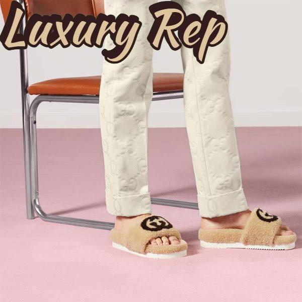 Replica Gucci Unisex Slide Sandal Interlocking G Light Brown Merino Wool Flat 10