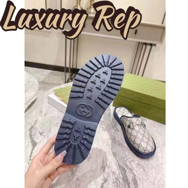 Replica Gucci Unisex Slipper Horsebit Blue Beige GG Supreme Canvas Horsebit Rubber Low Heel 11
