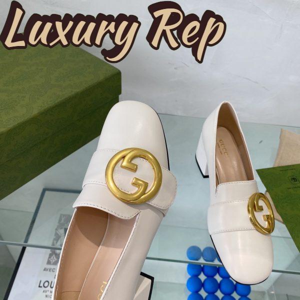 Replica Gucci Women Blonde Mid-Heel Pump White Leather Round Interlocking G 8
