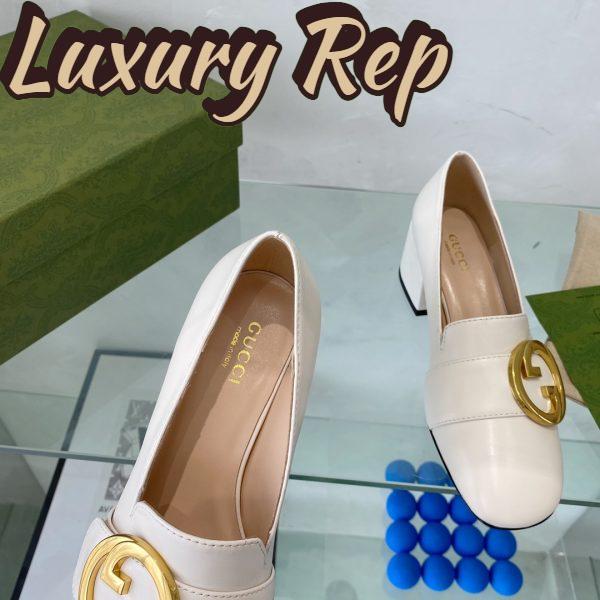 Replica Gucci Women Blonde Mid-Heel Pump White Leather Round Interlocking G 9
