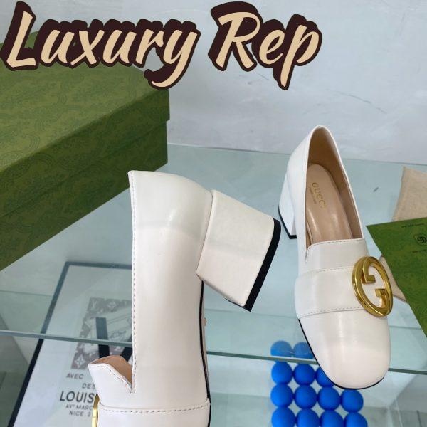 Replica Gucci Women Blonde Mid-Heel Pump White Leather Round Interlocking G 10
