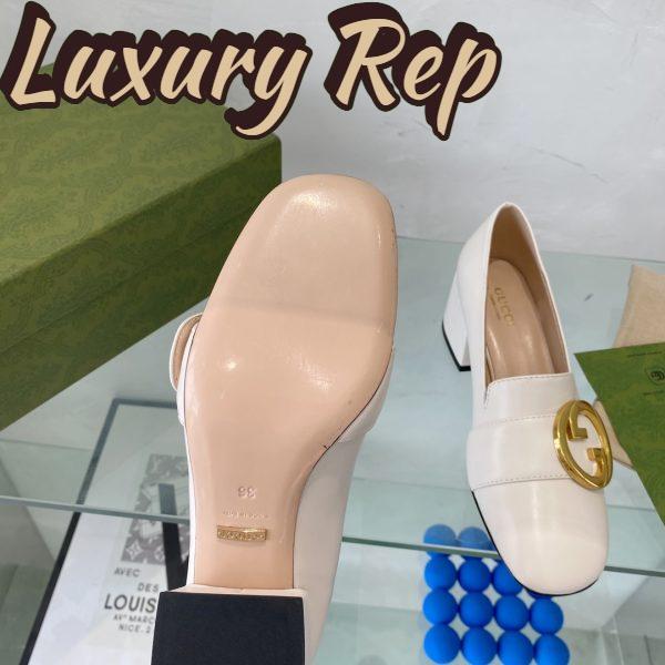 Replica Gucci Women Blonde Mid-Heel Pump White Leather Round Interlocking G 11