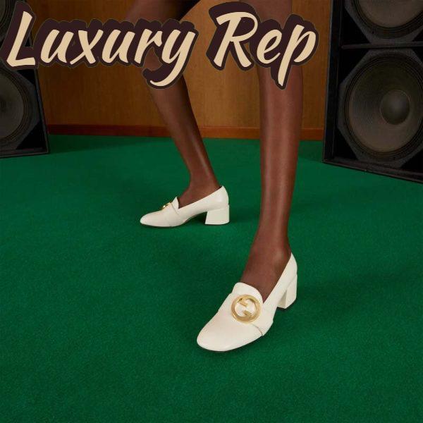 Replica Gucci Women Blonde Mid-Heel Pump White Leather Round Interlocking G 12