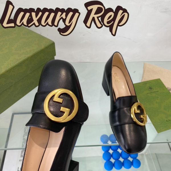 Replica Gucci Women Blondie Mid-Heel Pump Black Leather Round Interlocking G 8