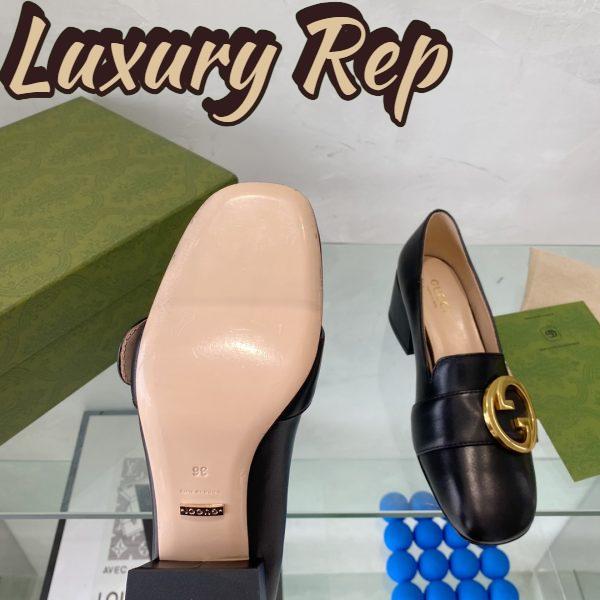 Replica Gucci Women Blondie Mid-Heel Pump Black Leather Round Interlocking G 11
