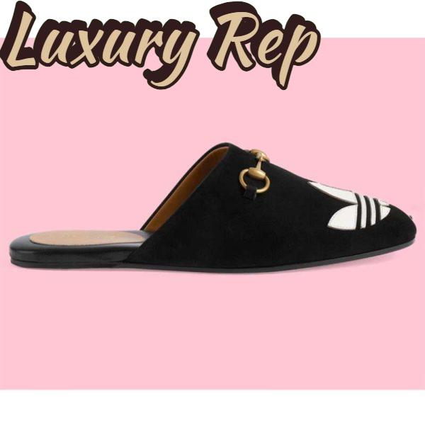 Replica Gucci Women GG Adidas x Gucci Women’s Trefoil Slipper Black Suede Flat 2