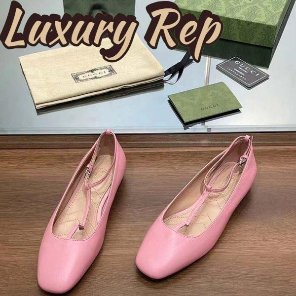 Replica Gucci Women GG Ballet Flat Double G Pink Leather Sole Flat 1 Cm Heel 5
