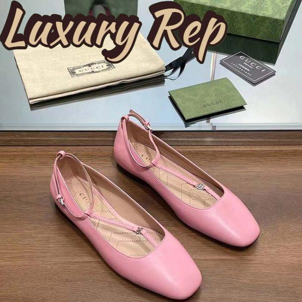 Replica Gucci Women GG Ballet Flat Double G Pink Leather Sole Flat 1 Cm Heel 7