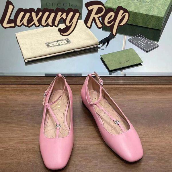 Replica Gucci Women GG Ballet Flat Double G Pink Leather Sole Flat 1 Cm Heel 9