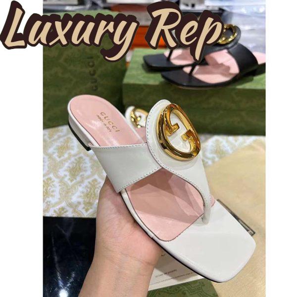 Replica Gucci Women GG Blondie Thong Sandal White Leather Round Interlocking G 1.5 CM Heel 6